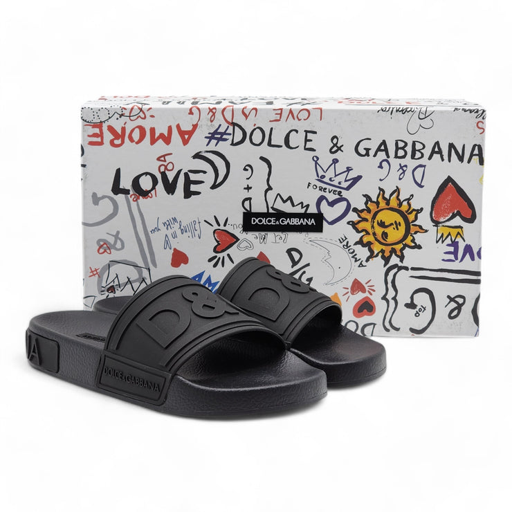 Dolce & Gabbana DG Logo Beachwear Slides - Rubber - Black 38