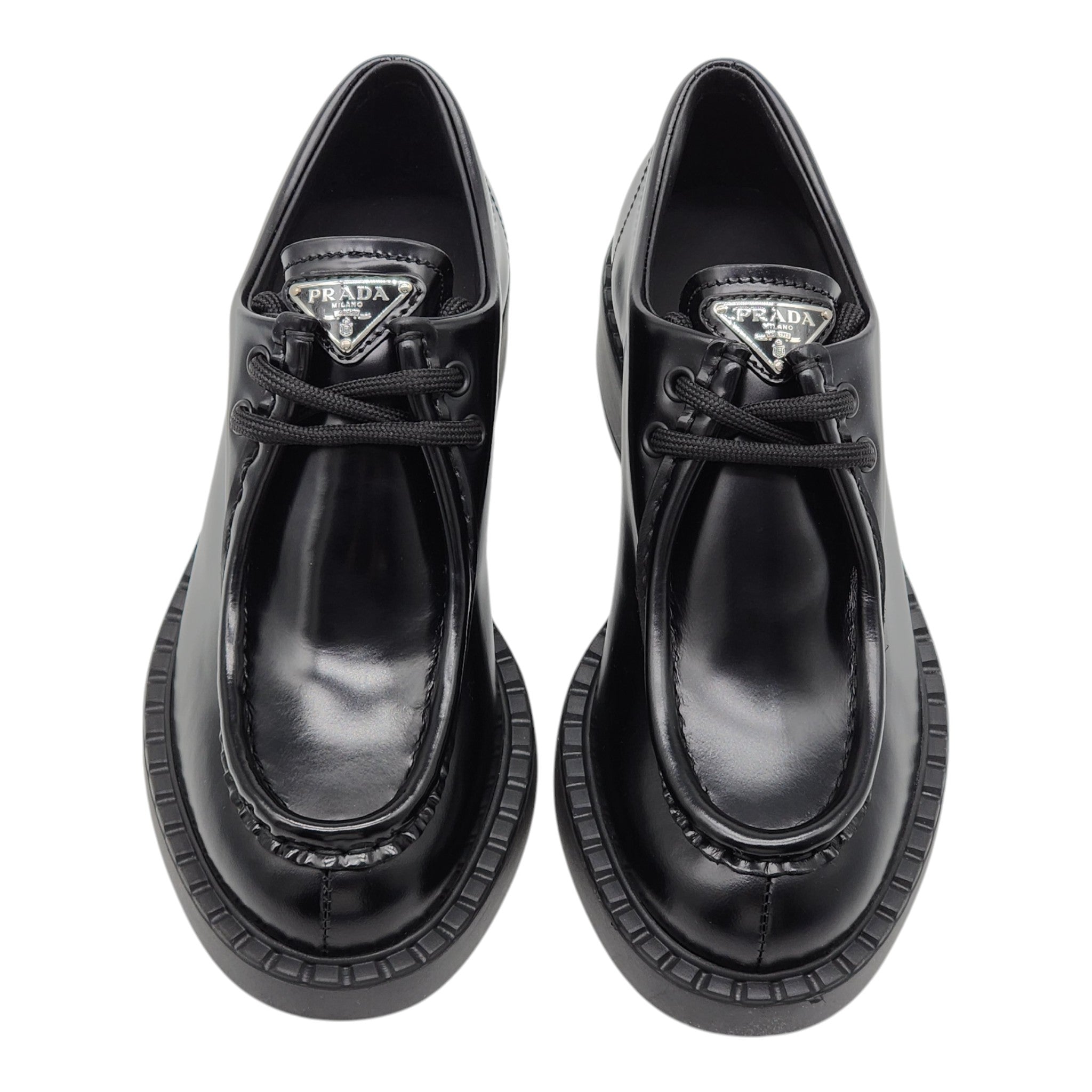 Prada Triangle Logo Lace-Up Shoes - Brushed Leather - Black 36