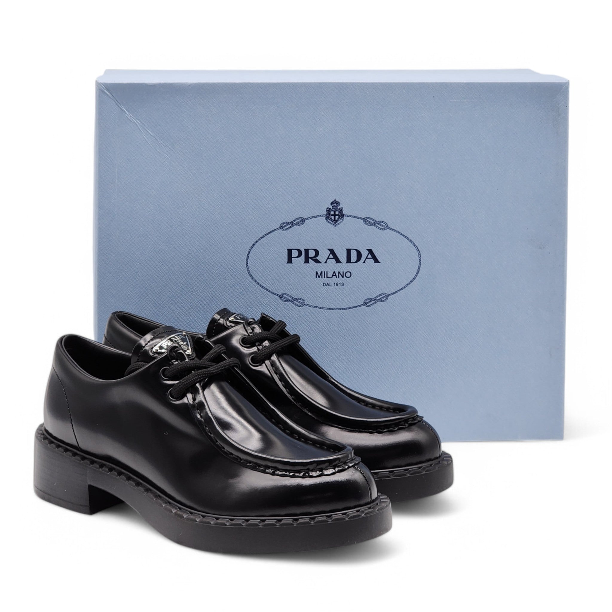 Prada Triangle Logo Lace-Up Shoes - Brushed Leather - Black 36