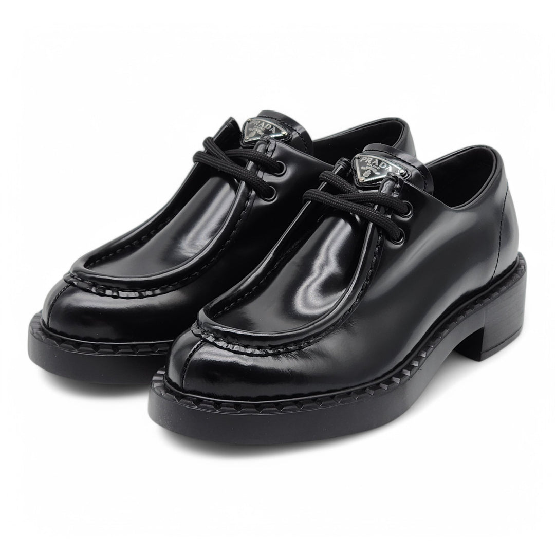 Prada Brushed Leather Lace-up Shoes, Women, Black, Size 36 Prada Brushed Leather Lace-up Shoes, Women, Black, Size 36