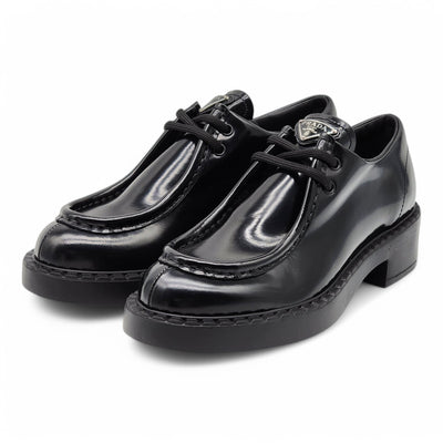 Prada Triangle Logo Lace-Up Shoes - Brushed Leather - Black 36.5