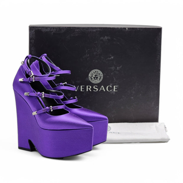 Versace Tempest Strappy Platform Pumps - Satin - Purple 38.5