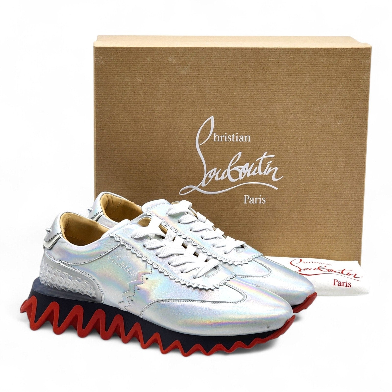 Christian Louboutin Loubishark Low Top Leather Sneakers Silver EU