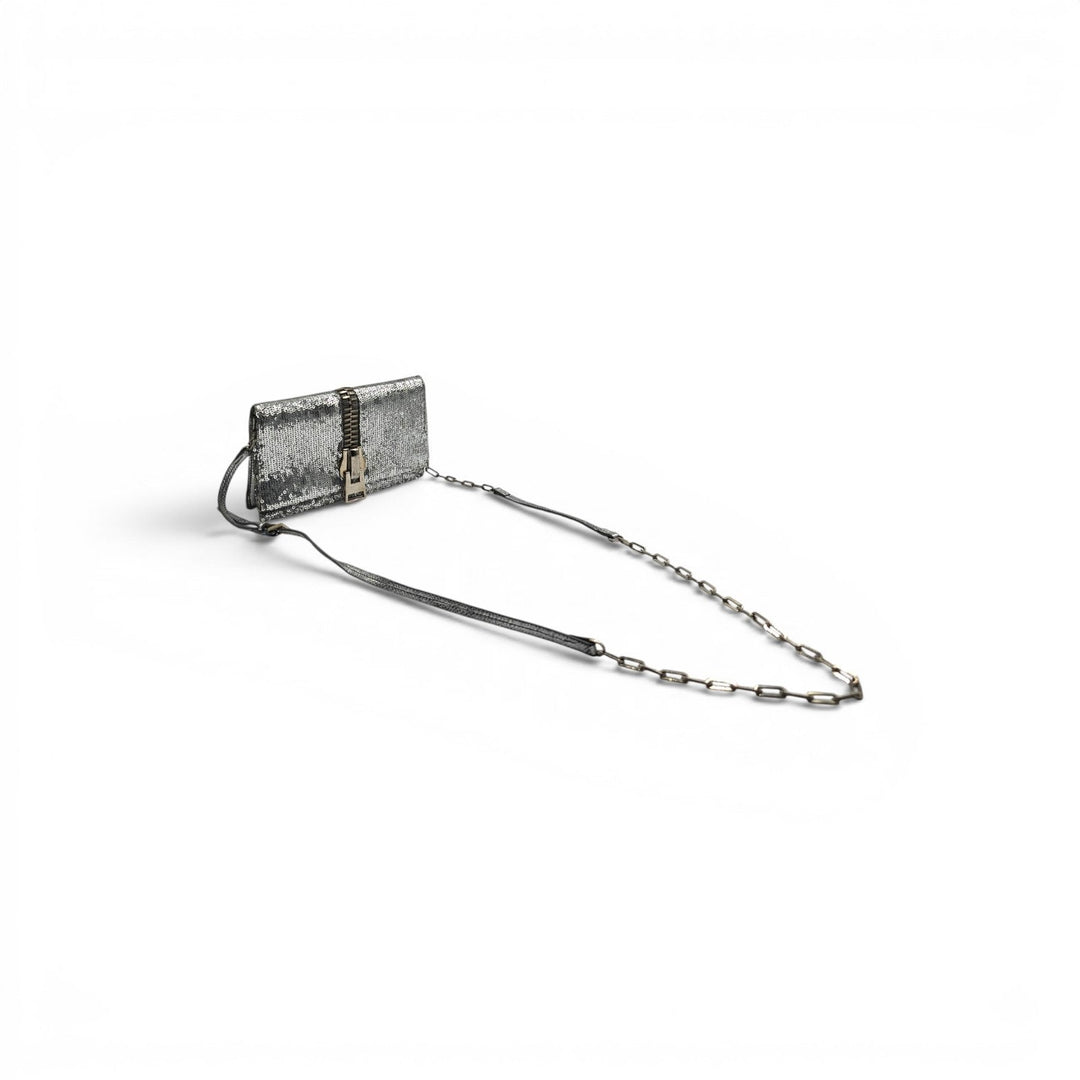 Tom Ford Silver Sequin Clutch With Chain Shoulder Strap with Zipper Detail