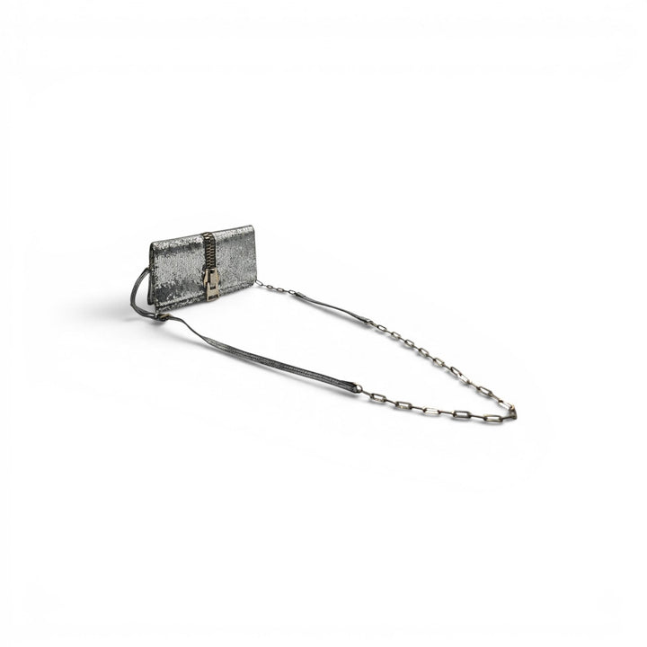Tom Ford Silver Sequin Clutch With Chain Shoulder Strap with Zipper Detail