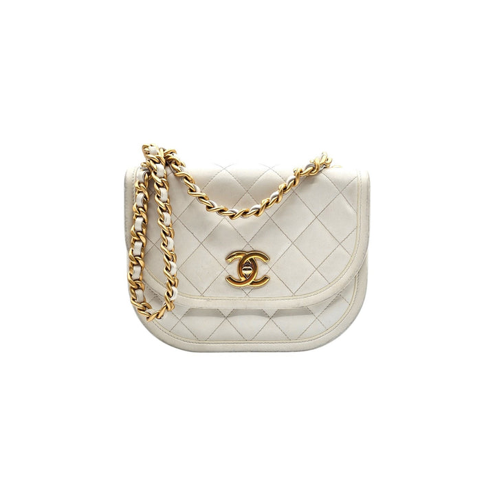 Chanel Quilted Messenger Crossbody Flap Bag White Lambskin Gold Hardware