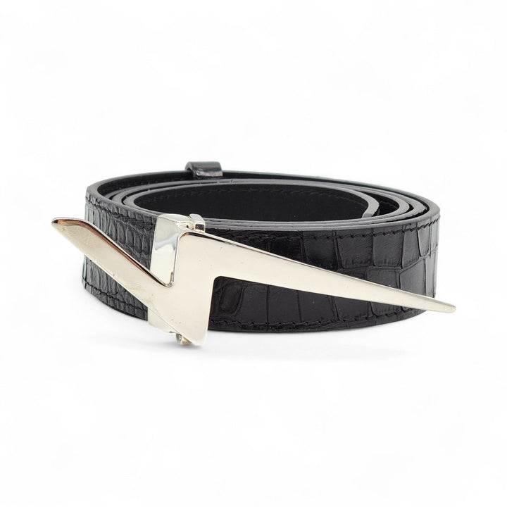 Giuseppe Zanotti Silver Thunderbolt Logo Adjustable Men's Leather Belt Black