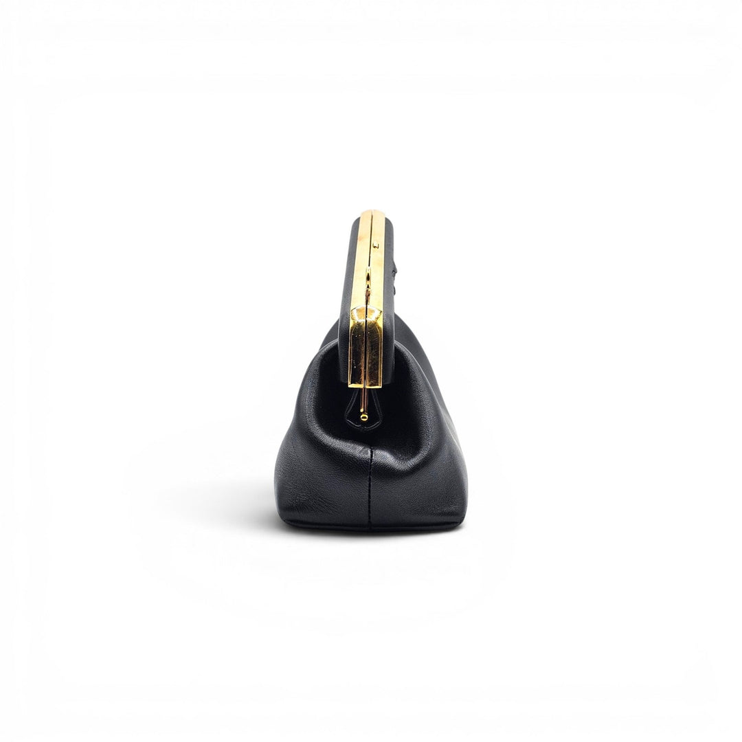 Fendi First Clutch Shoulder Bag Black Nappa Leather Gold Tone Frame