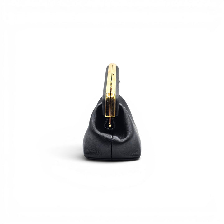 Fendi First Clutch Shoulder Bag Black Nappa Leather Gold Tone Frame