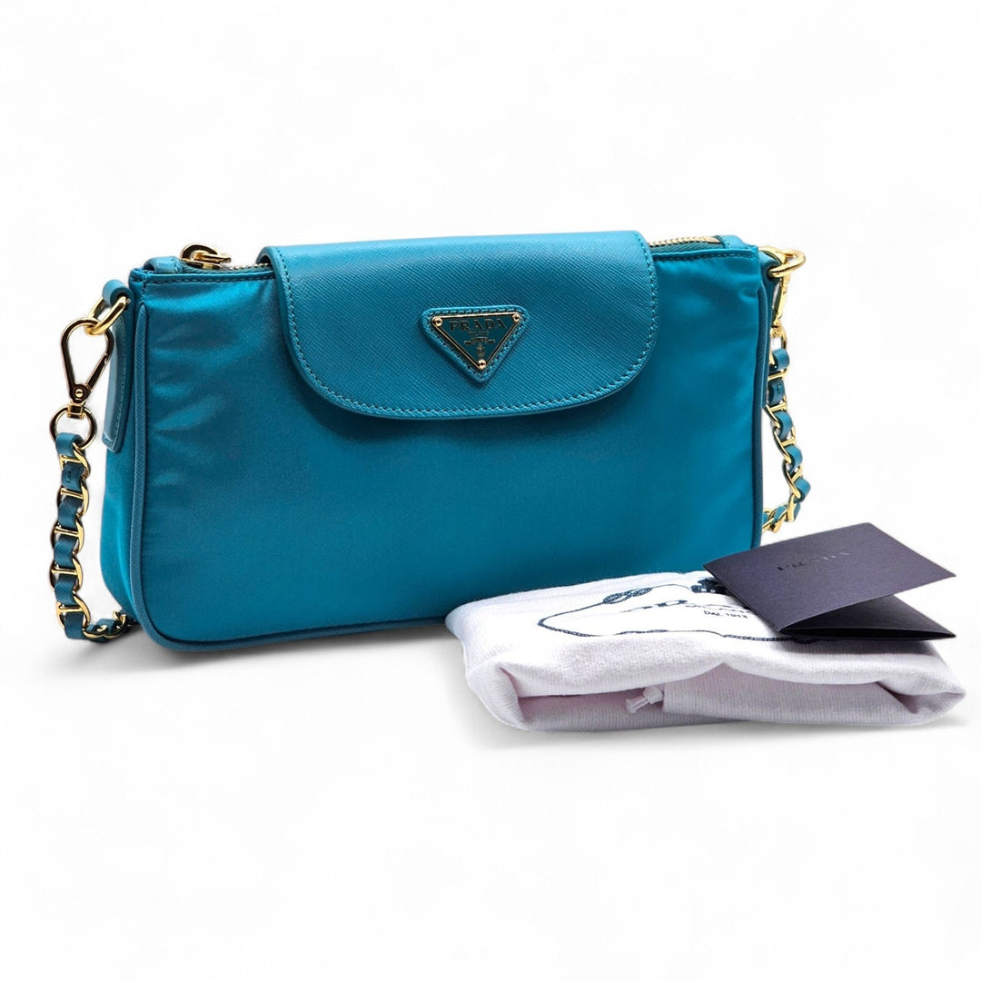 Prada Nylon and Leather Chain Shoulder Bag in Turquoise Blue - New $2250