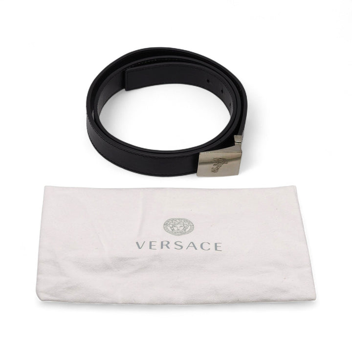 Versace Collection Men’s Leather Belt With Silver Medusa Head Buckle Black - New