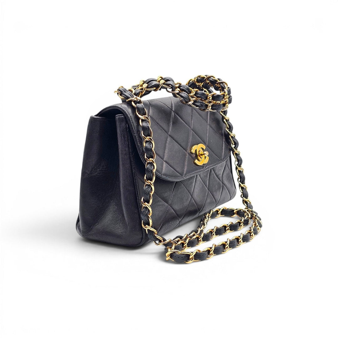 Vintage Chanel Black Quilted Lambskin Flap Shoulder Bag with Gold Hardware