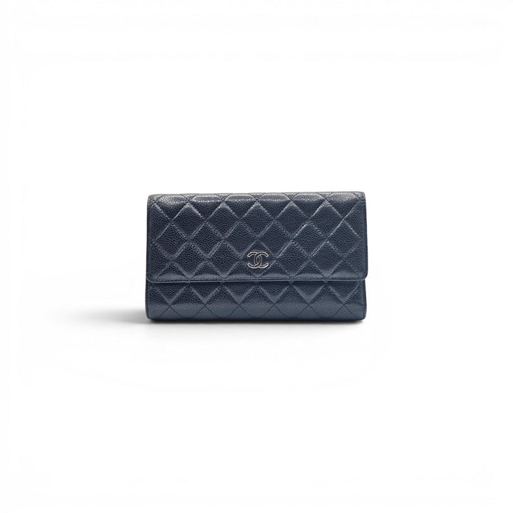 Chanel Timeless Classic Long Flap Trifold Wallet Black Caviar Leather Silver CC