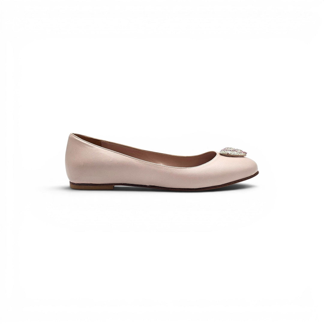 Fendi Women’s Ballet Flats Beige Leather with Crystal Hearts EU 37 US 7 - NWB