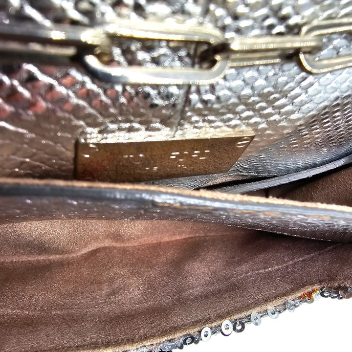 Tom Ford Silver Sequin Clutch With Chain Shoulder Strap with Zipper Detail