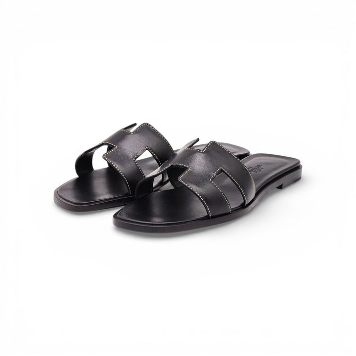 Hermes Oran Women's Leather Slide H Sandals Black EU 36 US 5.5 - New $840