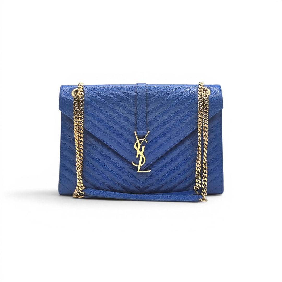 Saint Laurent Large Monogram Grain de Poudre Leather College Shoulder Bag Blue