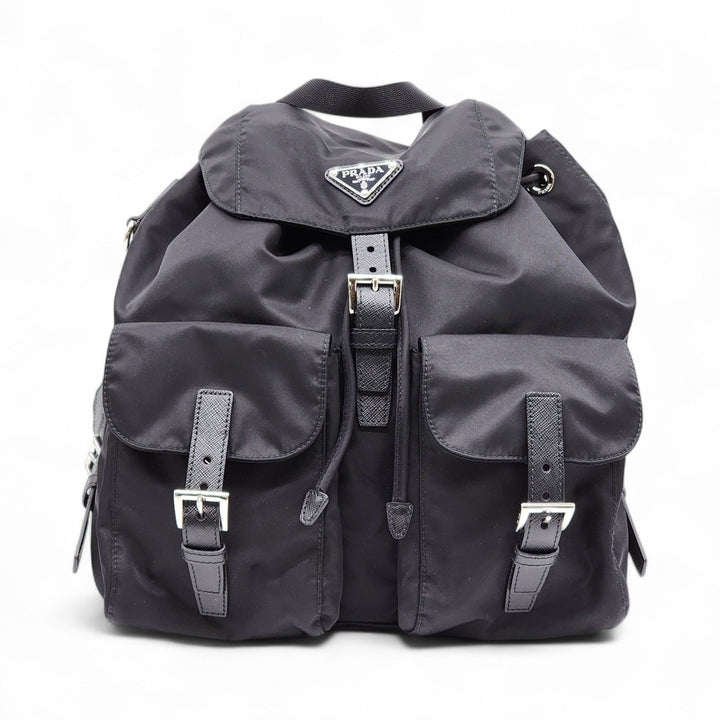 Prada Tessuto Nylon Backpack with Leather Trim Silver Hardware Black
