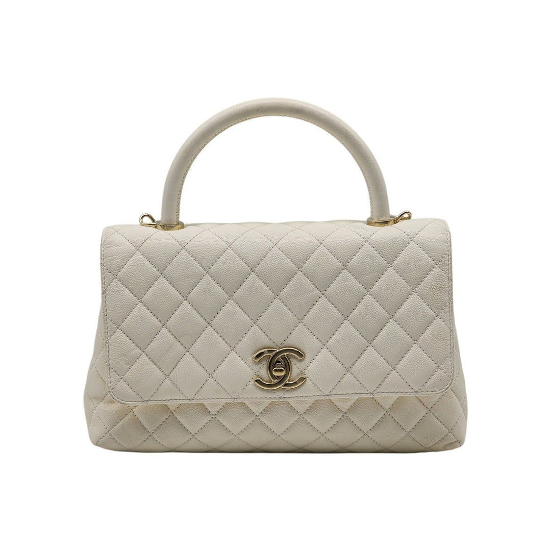 Chanel Coco Top Handle Leather Flap Shoulder Bag White - Preowned