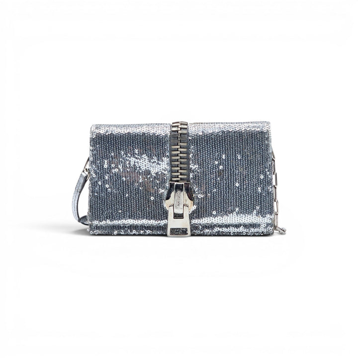 Tom Ford Silver Sequin Clutch With Chain Shoulder Strap with Zipper Detail