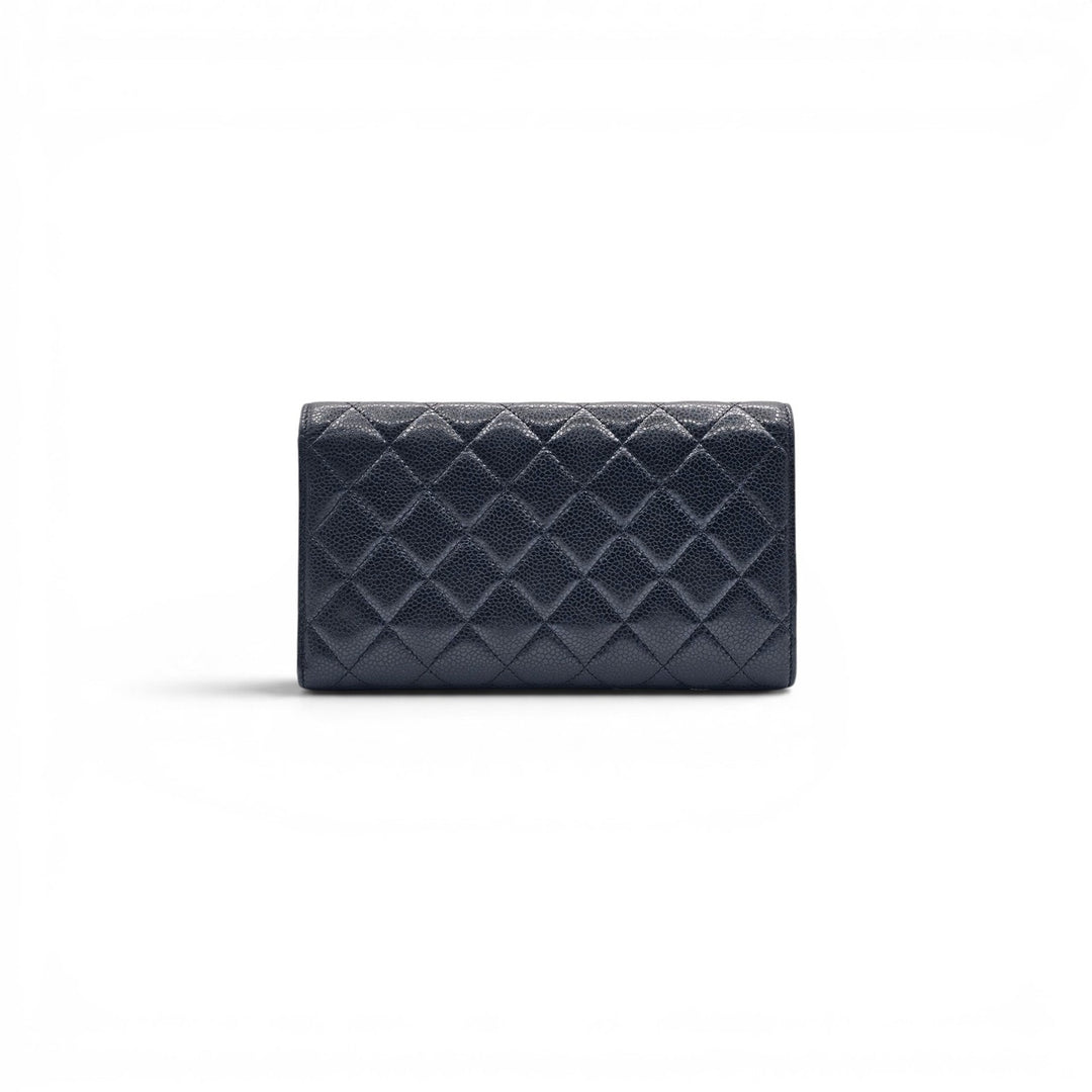 Chanel Timeless Classic Long Flap Trifold Wallet Black Caviar Leather Silver CC