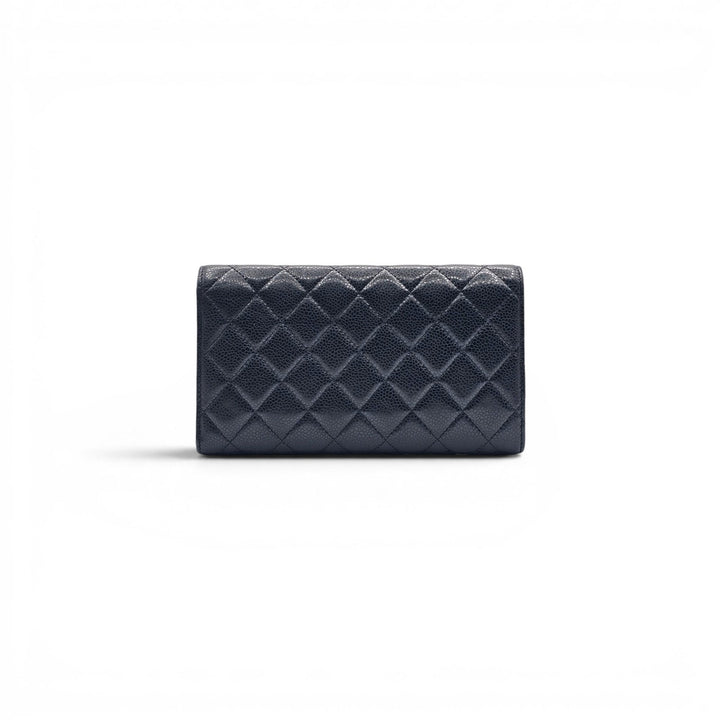 Chanel Timeless Classic Long Flap Trifold Wallet Black Caviar Leather Silver CC
