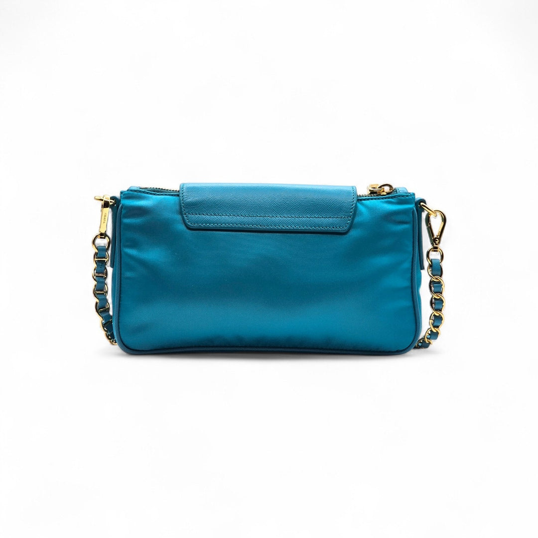 Prada Nylon and Leather Chain Shoulder Bag in Turquoise Blue - New $2250