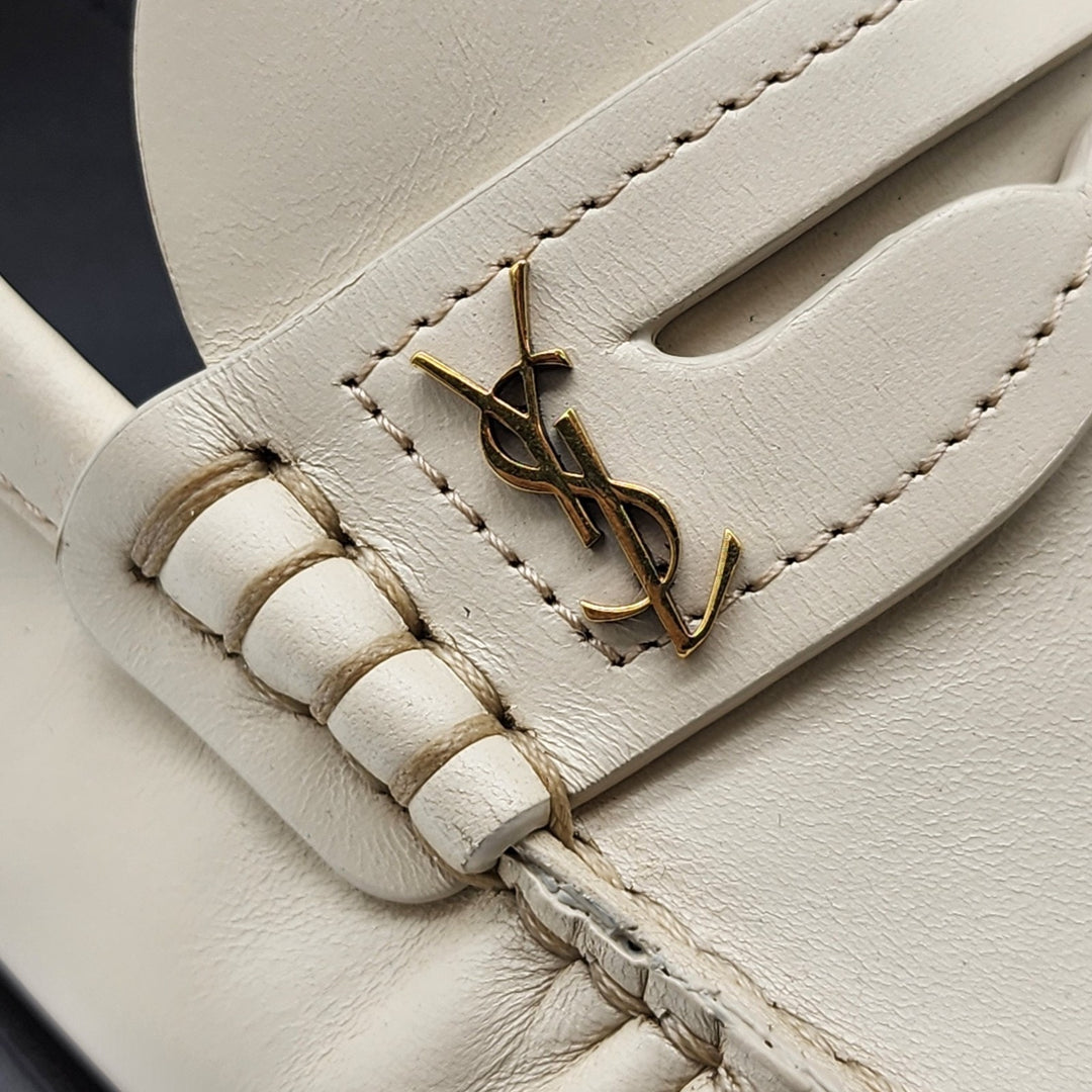Saint Laurent YSL Monogram Leather Loafers Marble White