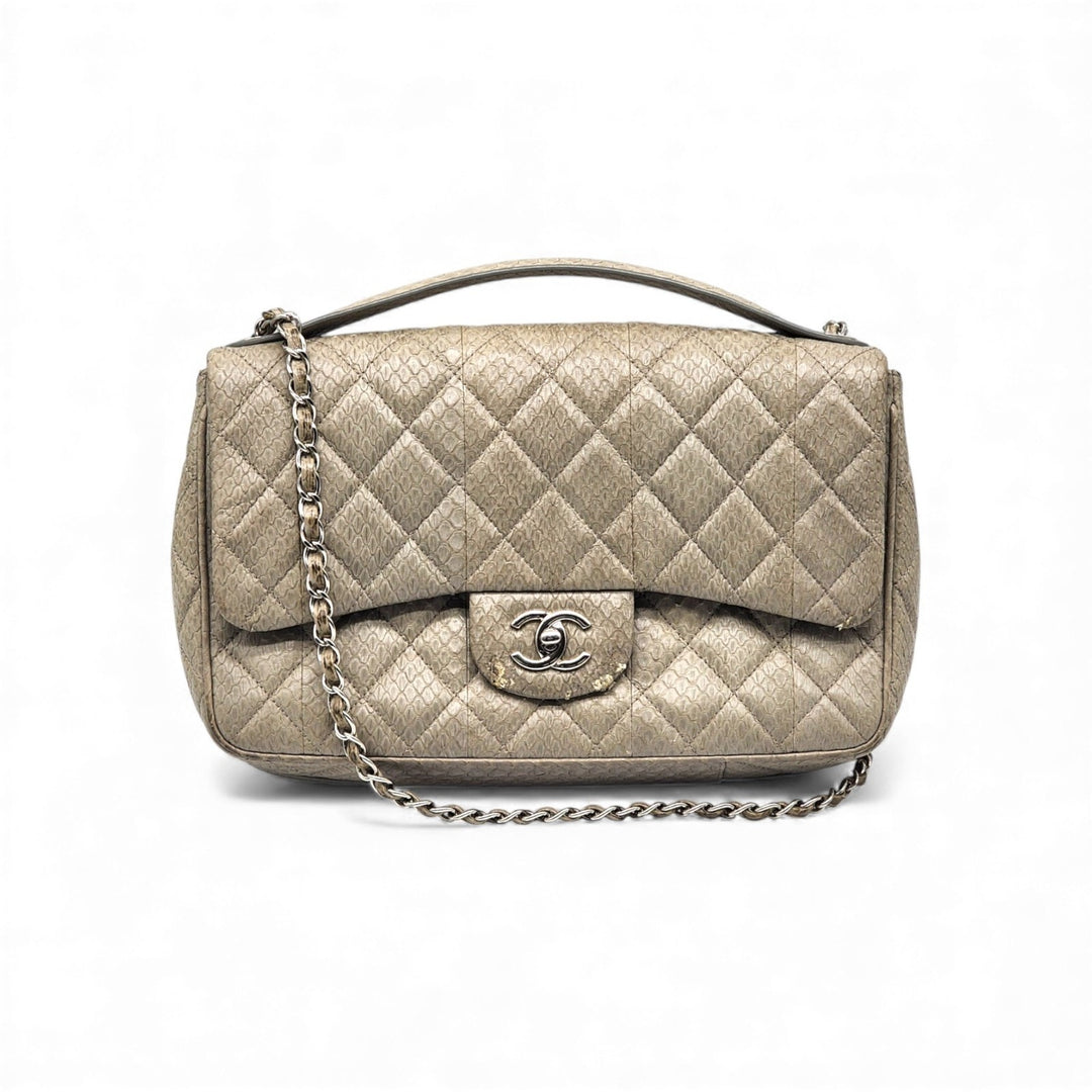 Chanel Python Easy Carry Medium Classic Flap Bag Top Handle Beige