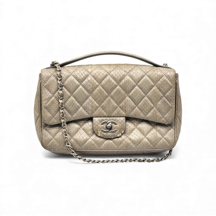 Chanel Python Easy Carry Medium Classic Flap Bag Top Handle Beige