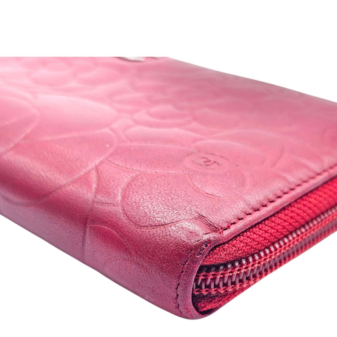 CHANEL Camellia Embossed Red Leather Zip Around Long Wallet Silver CC Logo 19
