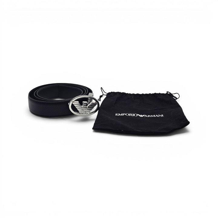 Emporio Armani Leather Reversible Belt Black with Silver Eagle Buckle