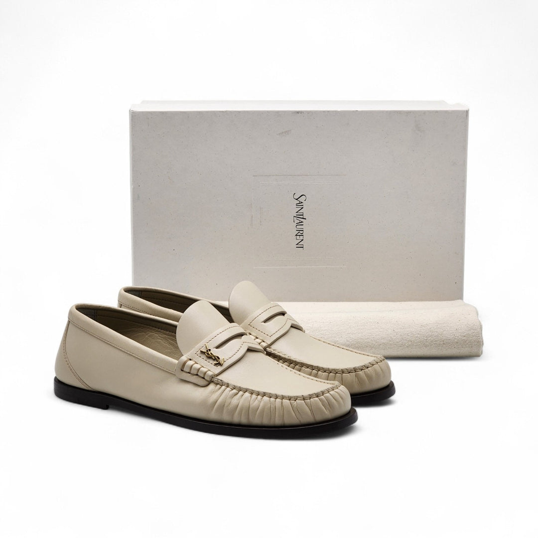 Saint Laurent YSL Monogram Leather Loafers Marble White