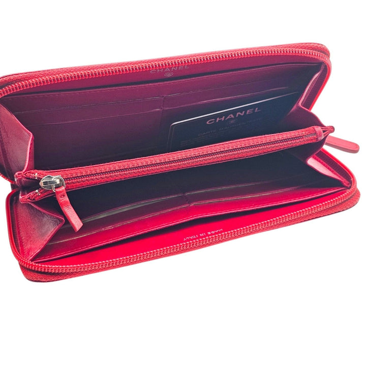 CHANEL Camellia Embossed Red Leather Zip Around Long Wallet Silver CC Logo 19