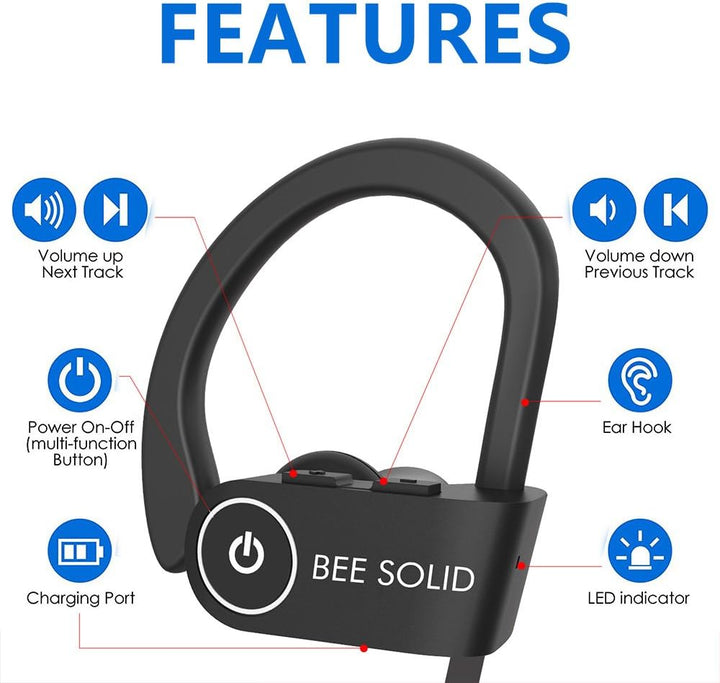 Bee Solid Bluetooth HD Wireless Sports Earphones w/Mic