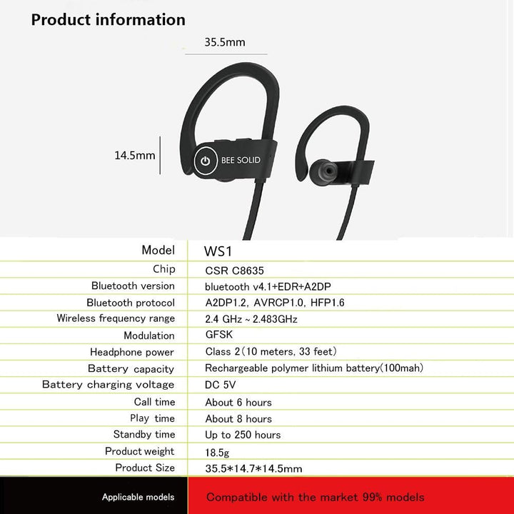 Bee Solid Bluetooth HD Wireless Sports Earphones w/Mic