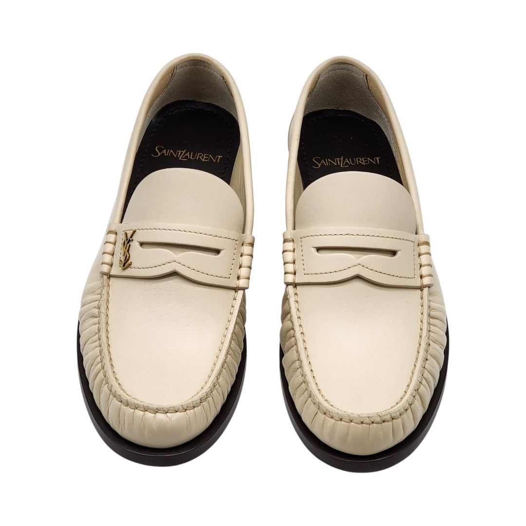 Saint Laurent YSL Monogram Leather Loafers Marble White