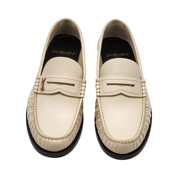 Saint Laurent YSL Monogram Leather Loafers Marble White