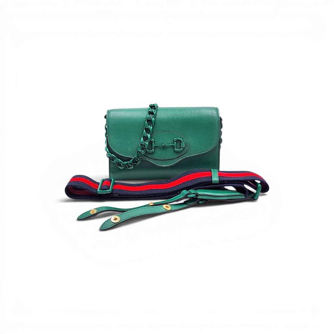 Gucci Mini Horsebit 1955 Shoulder Bag with Extra Strap in Green Leather