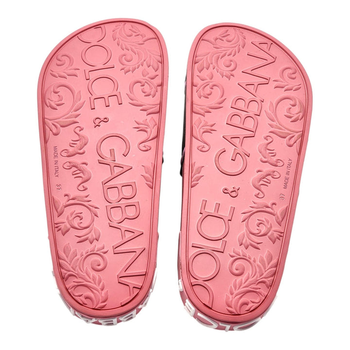 Dolce & Gabbana Logo Heart Rubber Pool Slides Pink Black EU 37 US 7