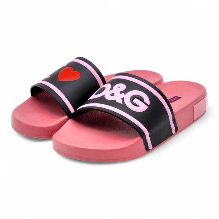Dolce & Gabbana Logo Heart Rubber Pool Slides Pink Black EU 37 US 7