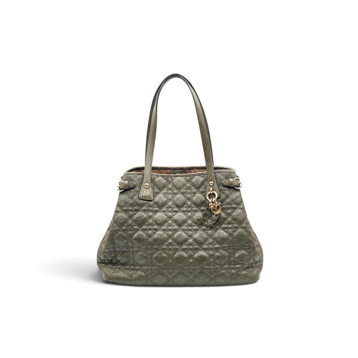 Christian Dior Medium Panarea Tote Olive Cannage Quilted Canvas Gold Charm