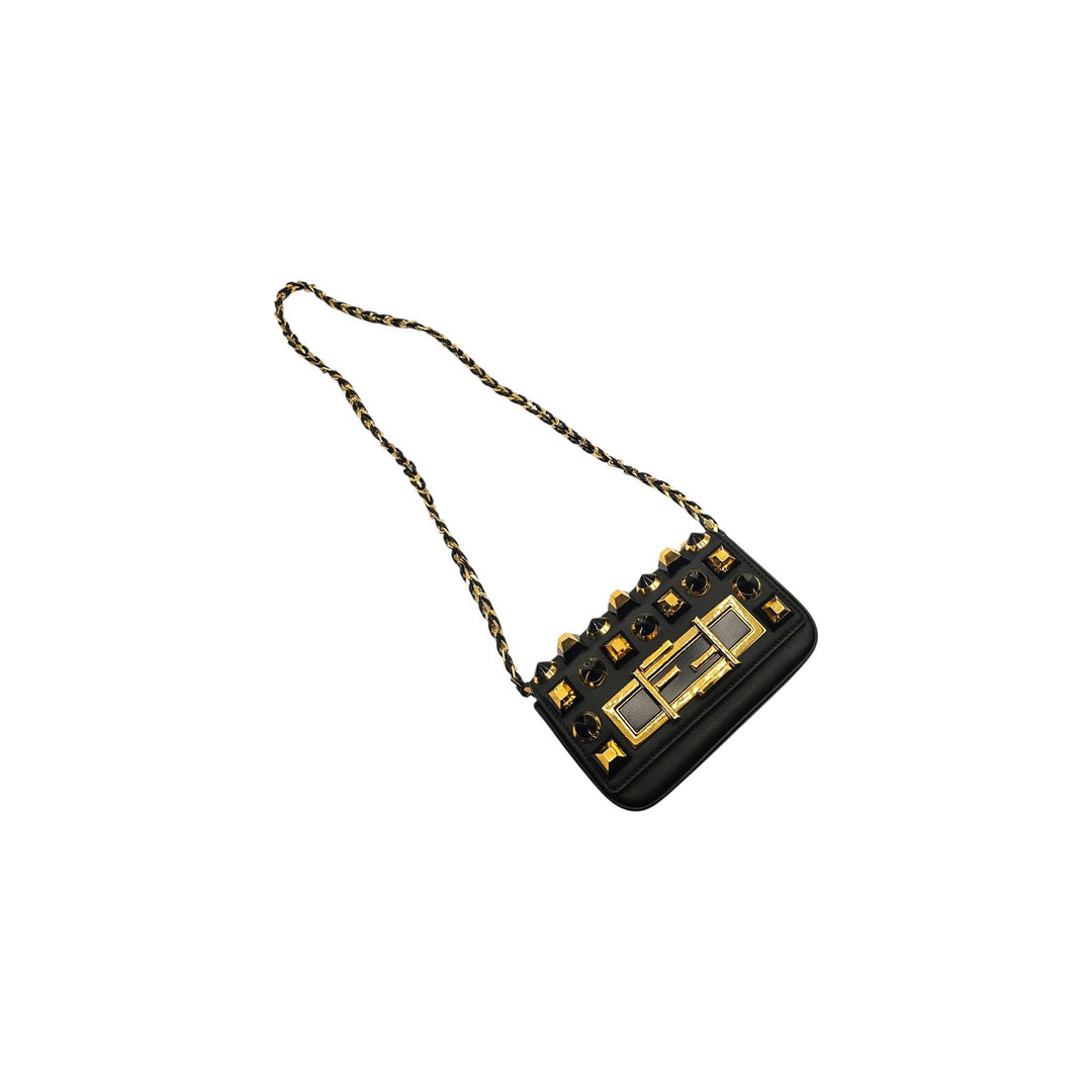 Fendi Studded Baguette Mini Crossbody Bag Black Gold