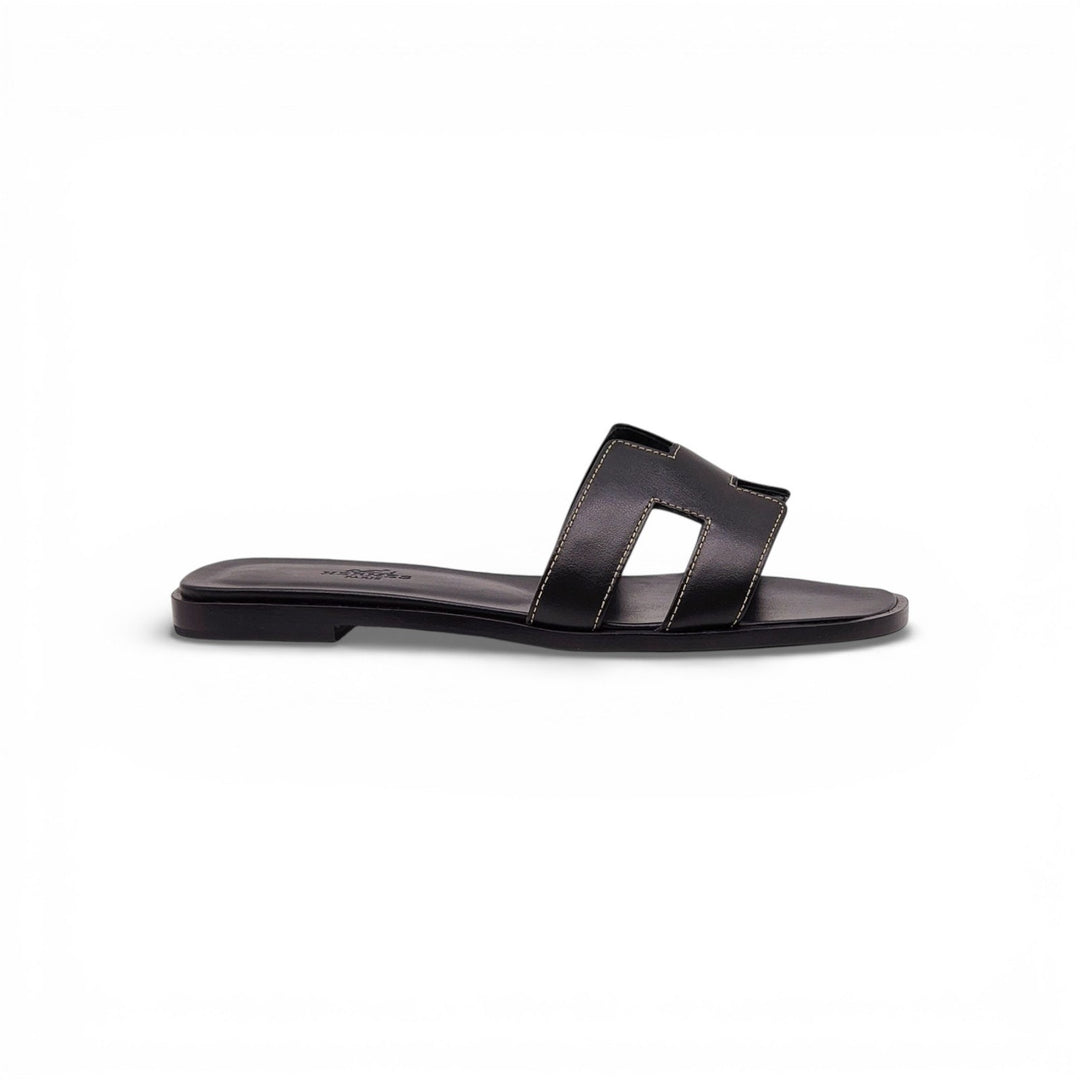 Hermes Oran Women's Leather Slide H Sandals Black EU 36 US 5.5 - New $840