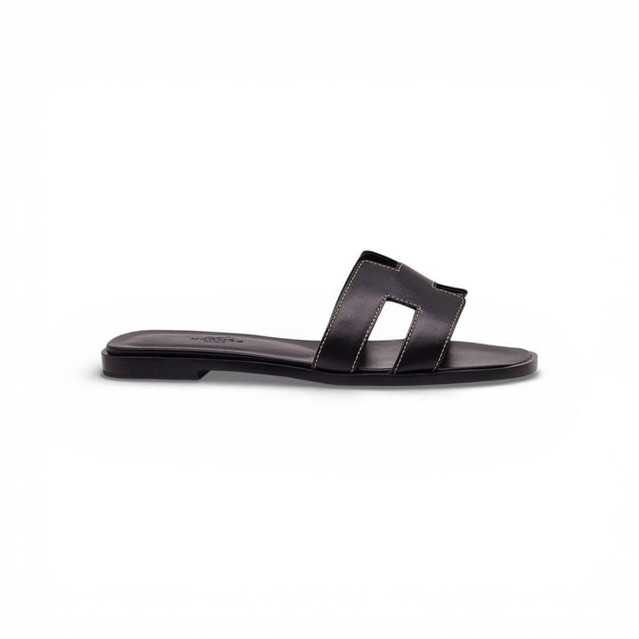 Hermes Oran Women's Leather Slide H Sandals Black EU 36 US 5.5 - New $840