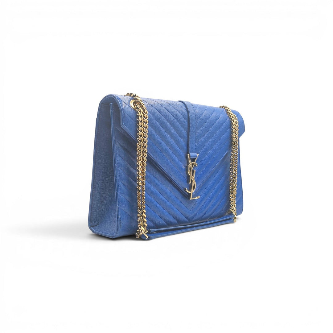 Saint Laurent Large Monogram Grain de Poudre Leather College Shoulder Bag Blue