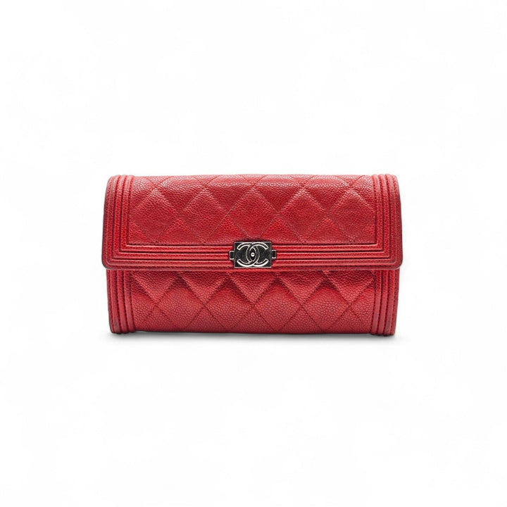 Chanel Boy Wallet Caviar Leather Red with Antique Silver HW 22 series with box