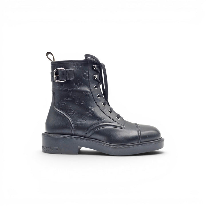 Louis Vuitton Citizen Flat Ranger Boot LV Monogram Embossed Leather Black EU 38