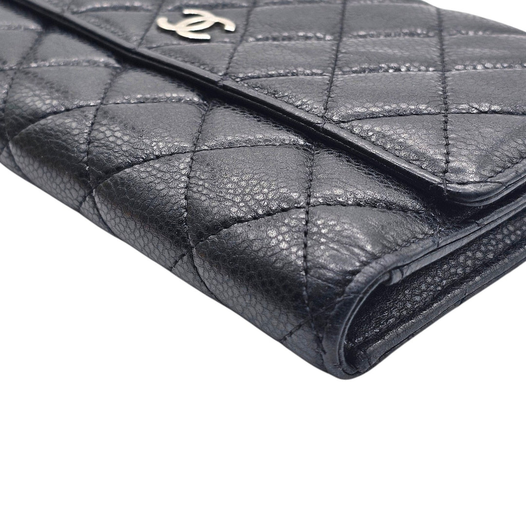 Chanel Timeless Classic Long Flap Trifold Wallet Black Caviar Leather Silver CC