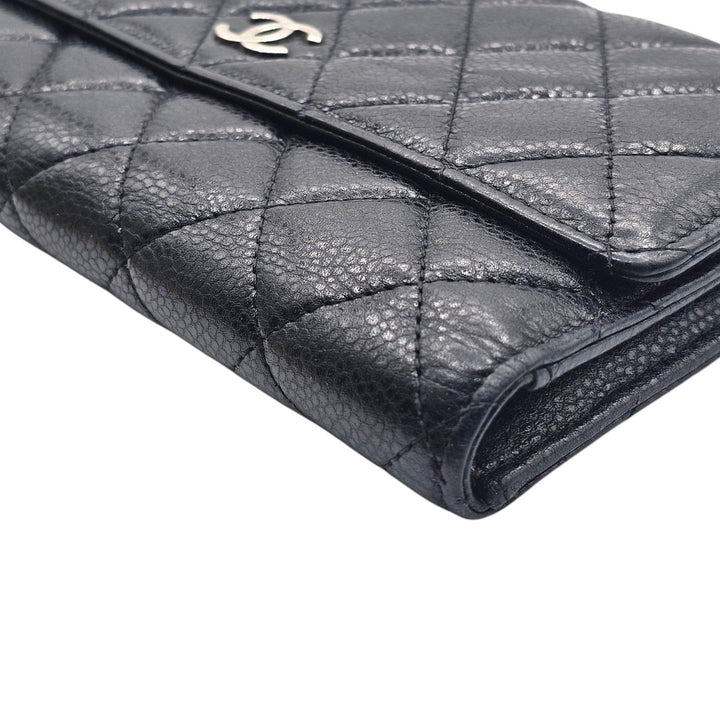 Chanel Timeless Classic Long Flap Trifold Wallet Black Caviar Leather Silver CC